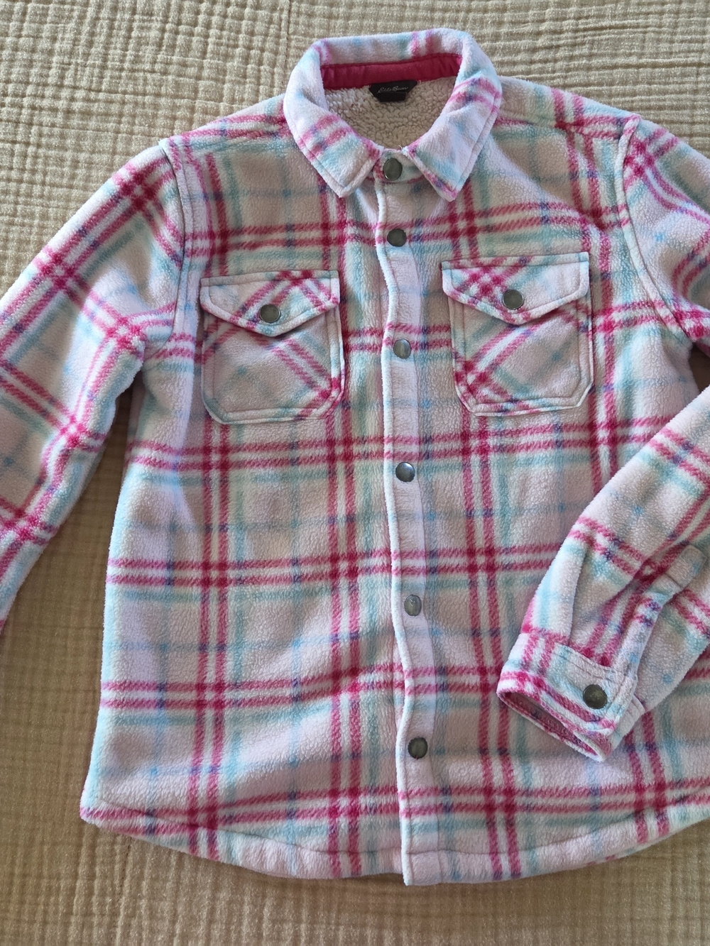 Eddie Bauer Pink & Light Blue Plaid Fleece Shacket Girls 14/16
